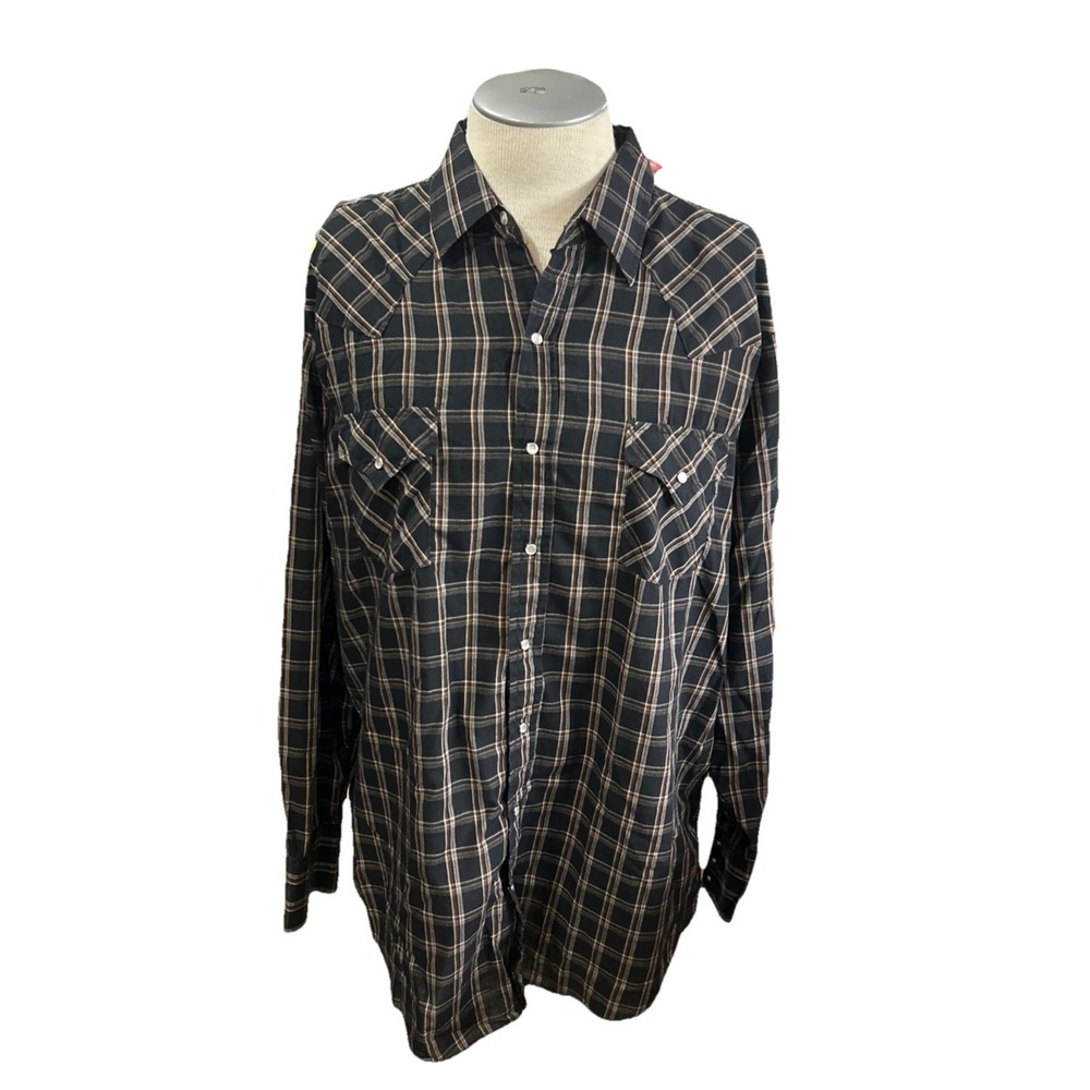 Plains Western Wear Mens Shirt XLT Long Sleeve Pearl Snap Black Plaid Tall Man